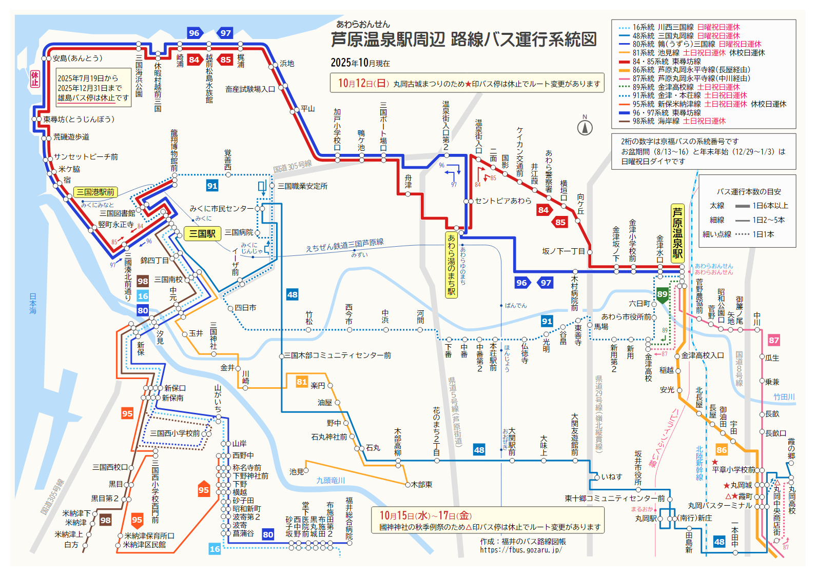 芦原温泉駅での路線バス運行系統図