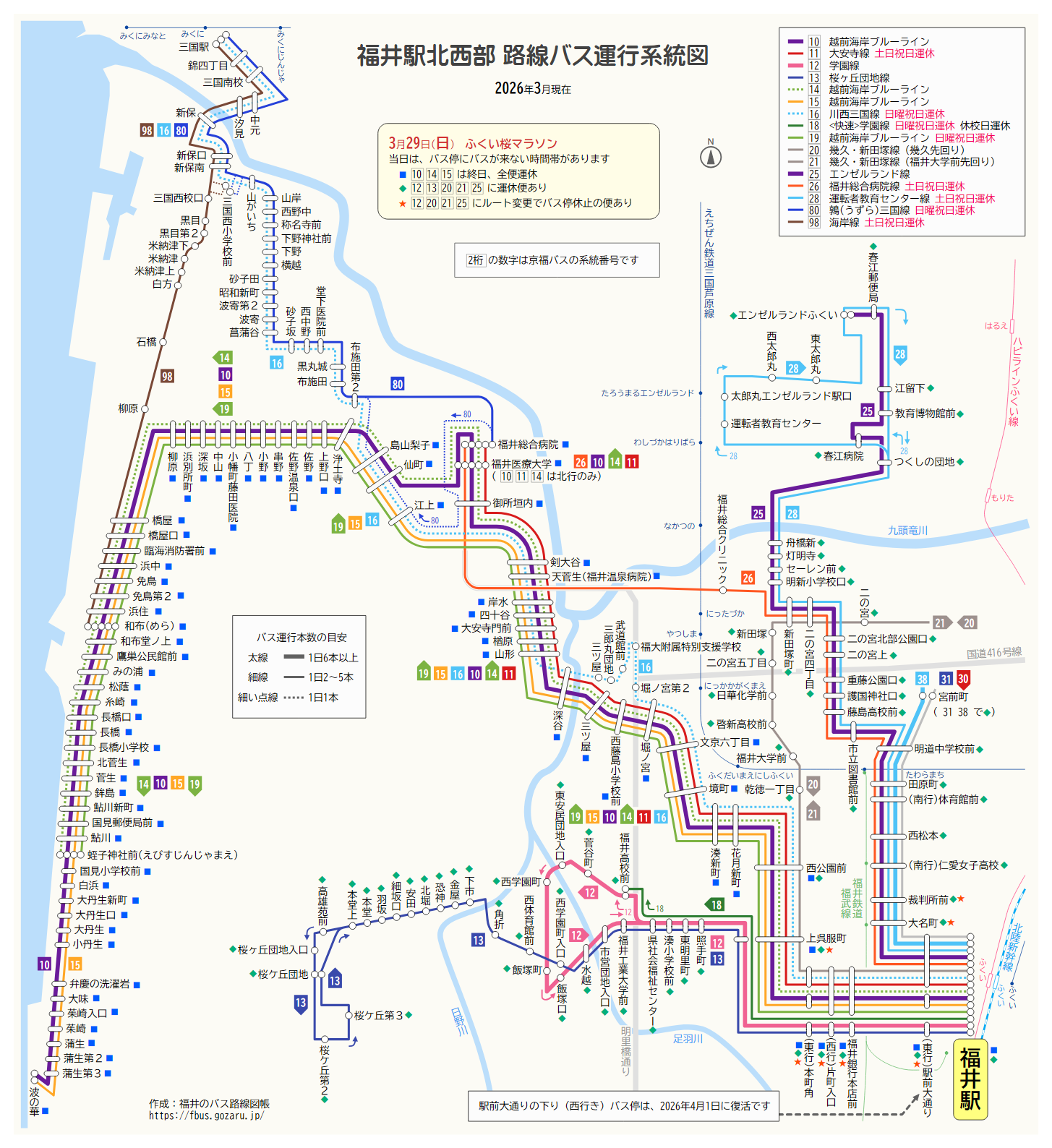 福井駅北西部の路線バス運行系統図