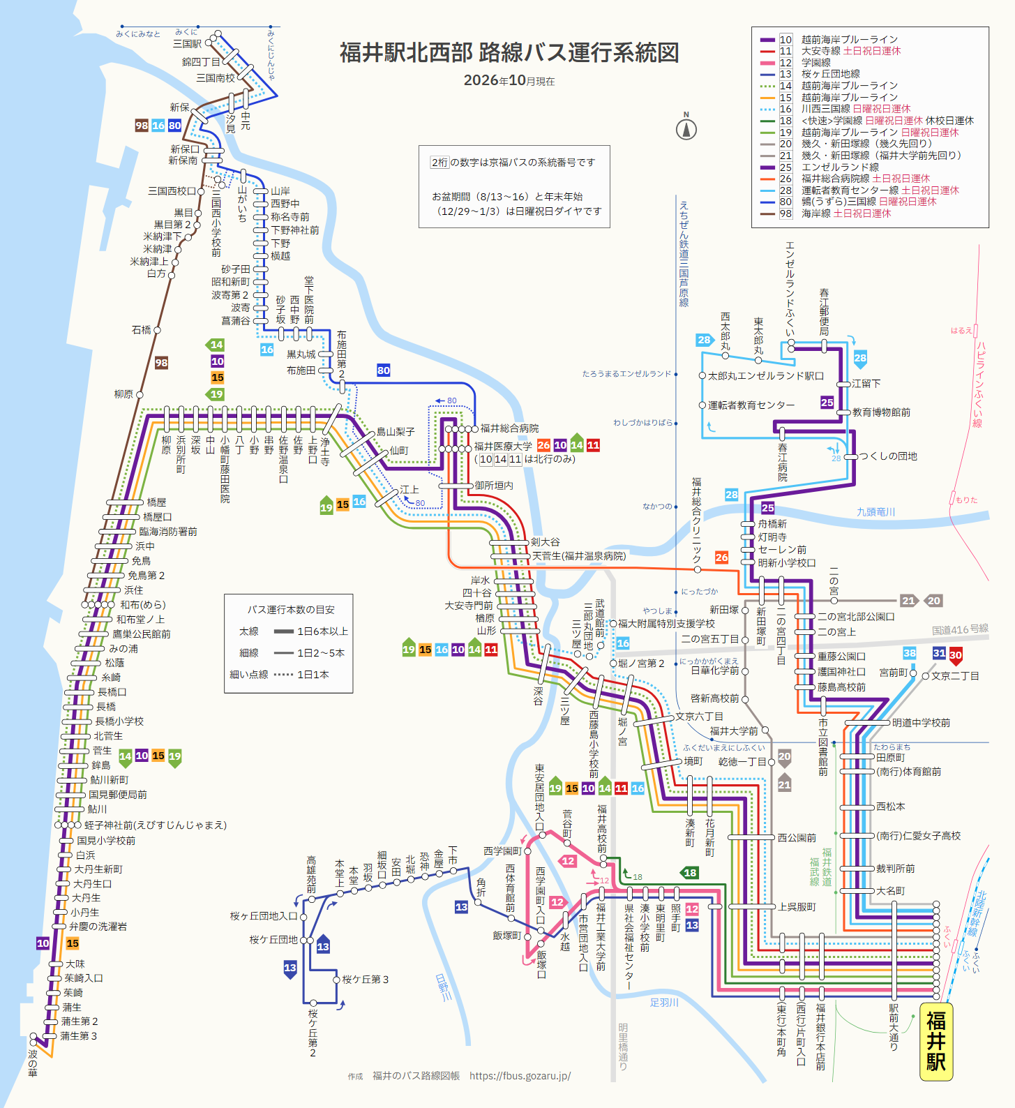 福井駅北西部の路線バス運行系統図