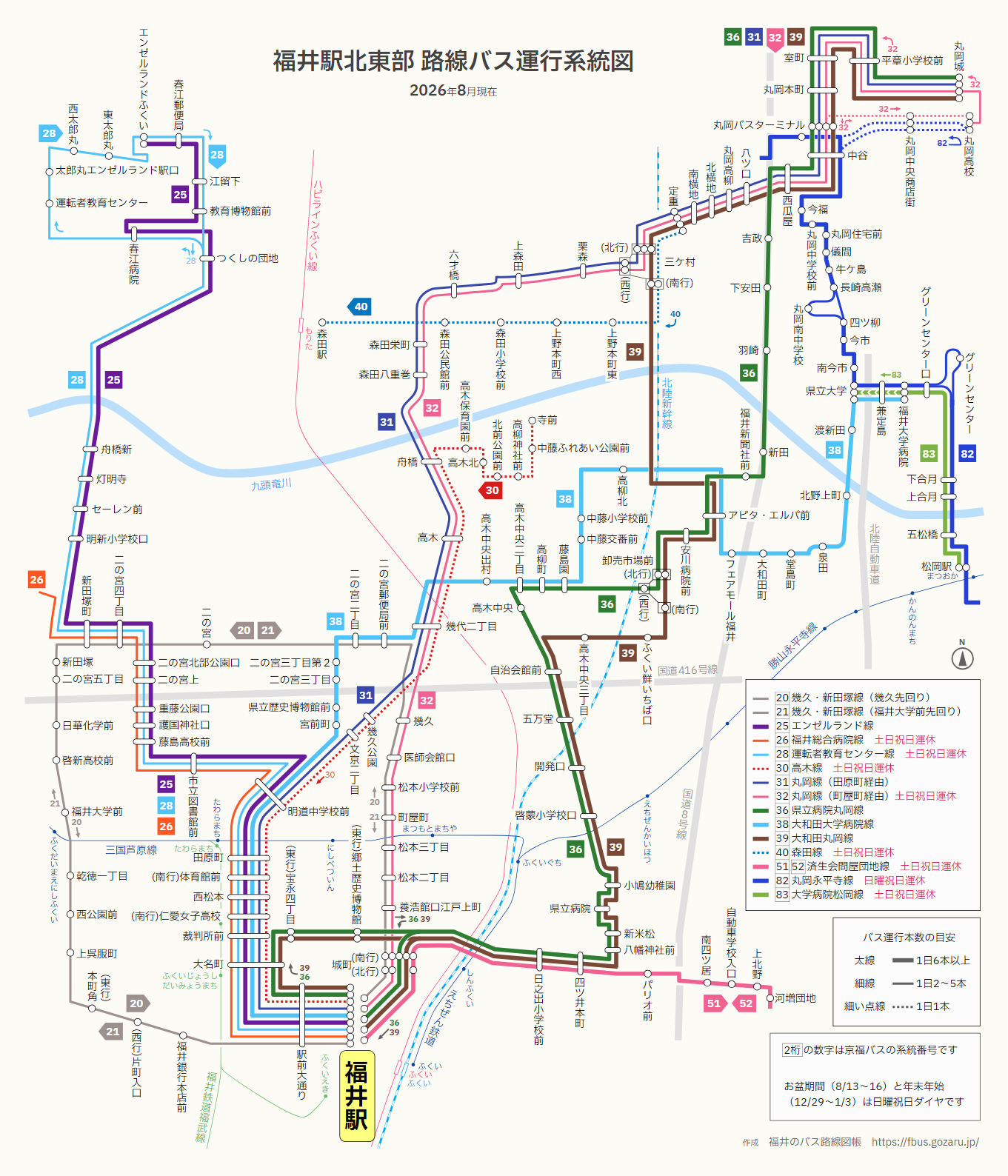 福井駅南西部の路線バス運行系統図