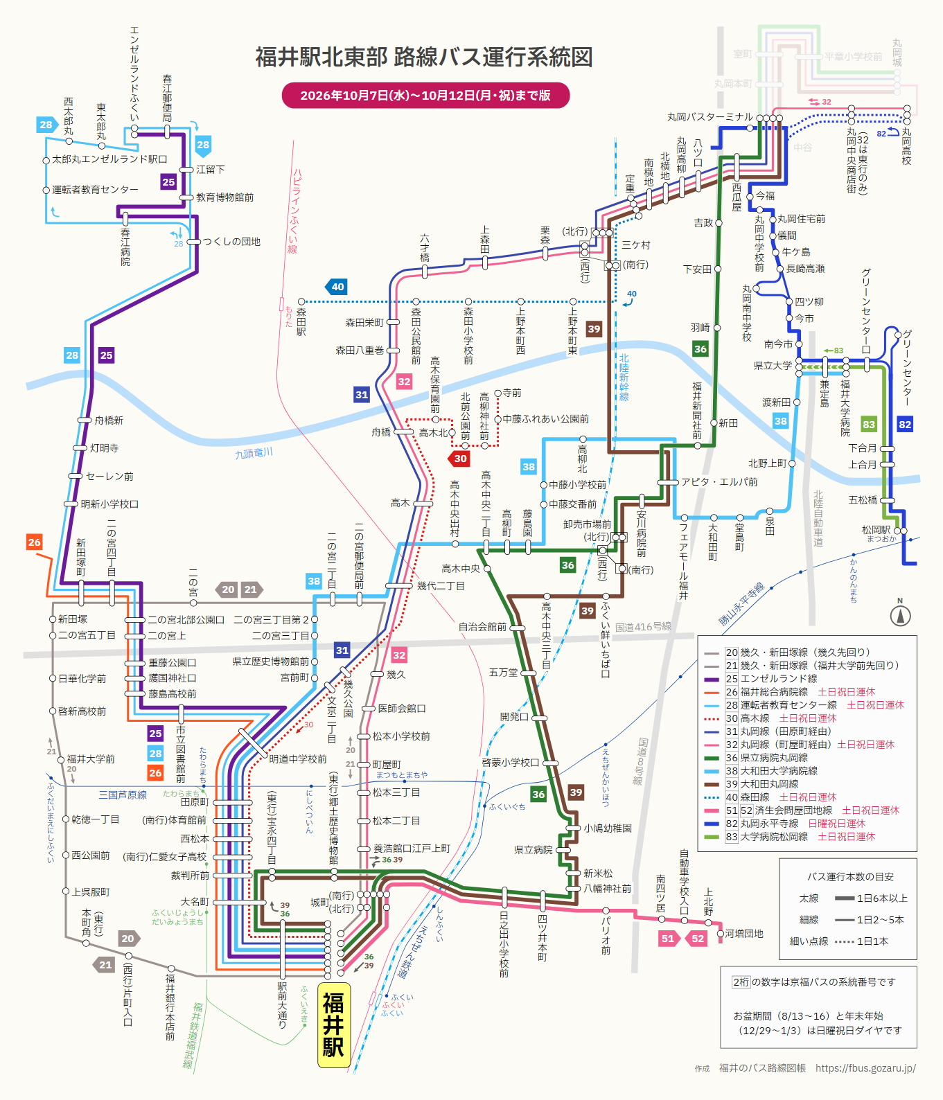 福井駅北東部の路線バス運行系統図