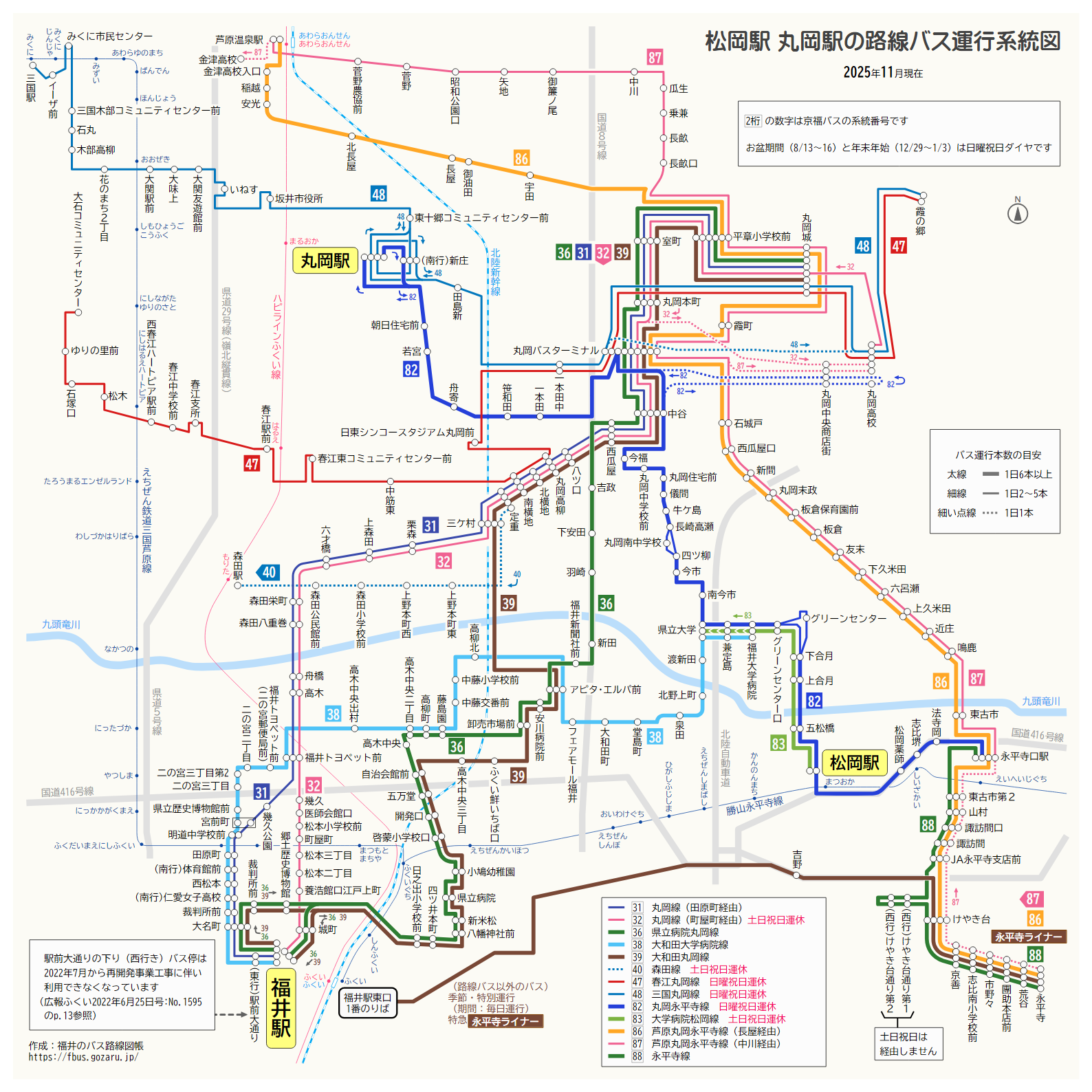 松岡駅や丸岡駅での路線バス運行系統図