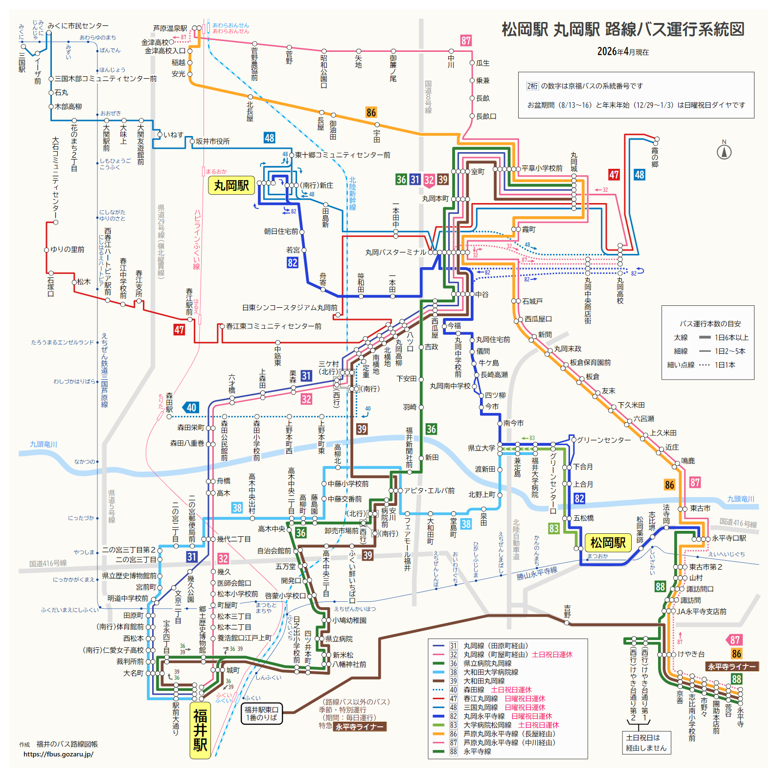 松岡駅や丸岡駅での路線バス運行系統図